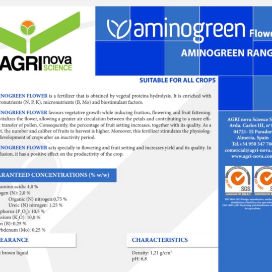 SP MỚI PHÂN BÓN LÁ  AMINO AXIT HỮU CƠ SINH HỌC -AMINOGREEN FLOWER (4% AMINO AXIT+2%N+10,5% P2O5+10,5% K2O+0,25%B+0,25%Mo) TBN