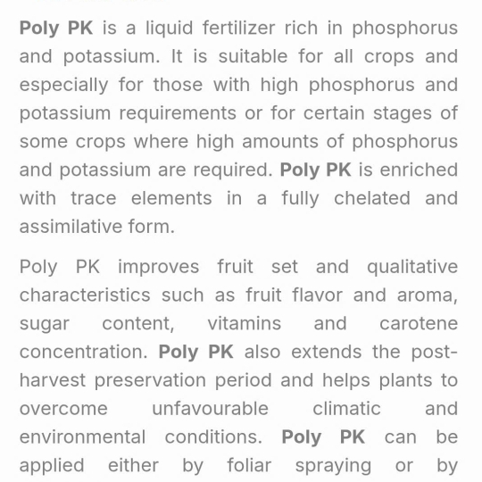 SP MỚI PHÂN BÓN LÁ  - POLY PK (15% P2O5+20% K2O+0,5% B+0,06% Fe+0,02% Mn+0,002%Zn+0,0015% Cu+ 5% Amino acids) Hy Lạp