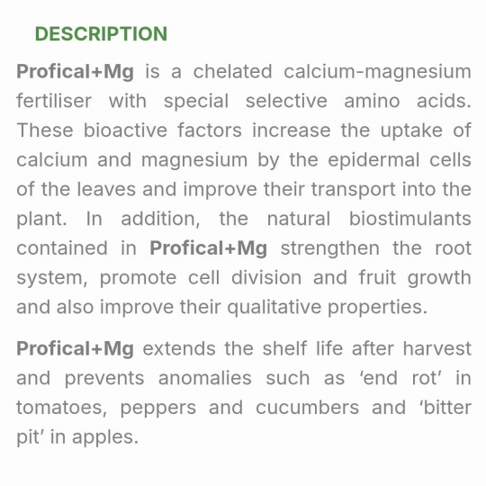 SP MỚI PHÂN BÓN LÁ - PROFICAL Mg (11% CaO+3% MgO+9%OM-L Amino acids) Hy Lạp 