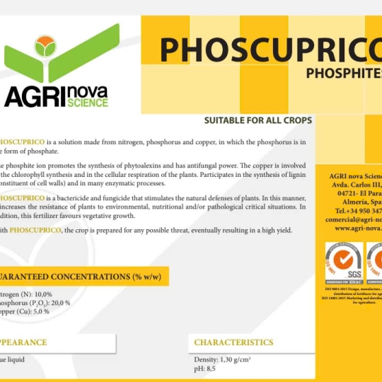 SP MỚI PHÂN BÓN LÁ PHOSPHITE ĐỒNG -PHOSCUPRICO  (10 % N+20% P2O5+5% Cu) TBN