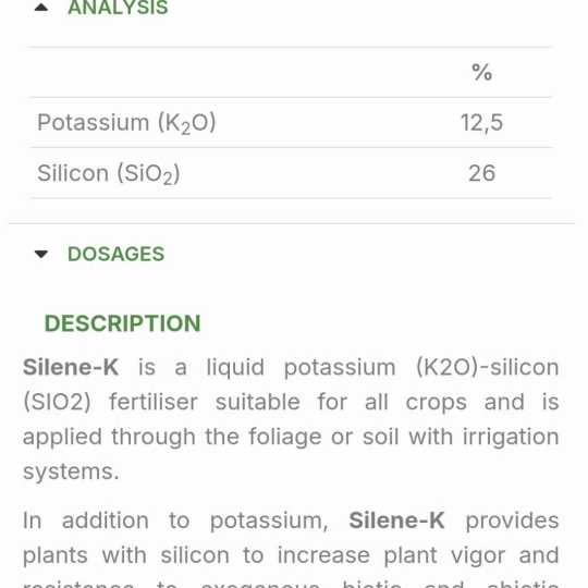 SP MỚI PHÂN BÓN LÁ SILENE K  (26%SiO2 +12,5% K2O) Hy Lạp